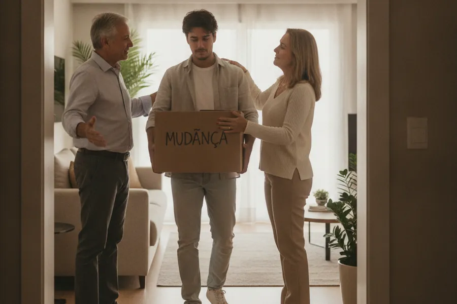 Jovem adulto carregando caixa de mudança de volta para a casa dos pais