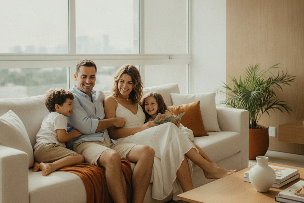 Família de quatro pessoas reunida no sofá de um apartamento moderno