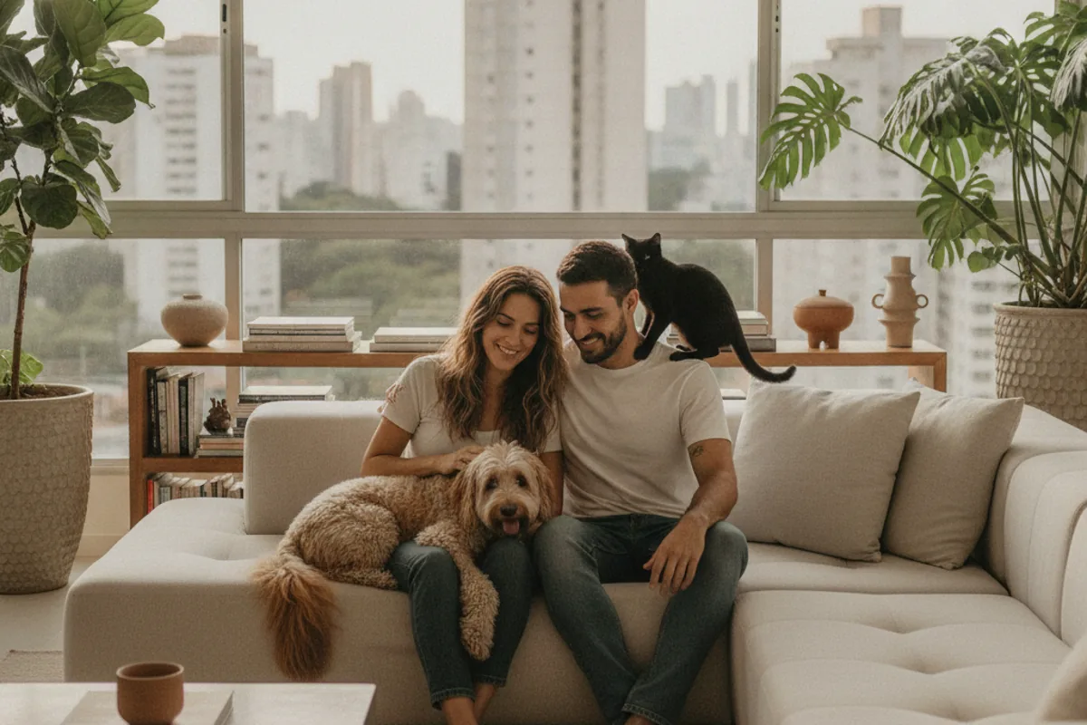 Casal sem filhos com cão e gato em apartamento com vista urbana