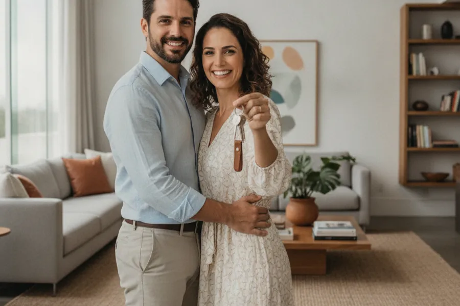 Casal segurando as chaves da casa própria na sala de estar