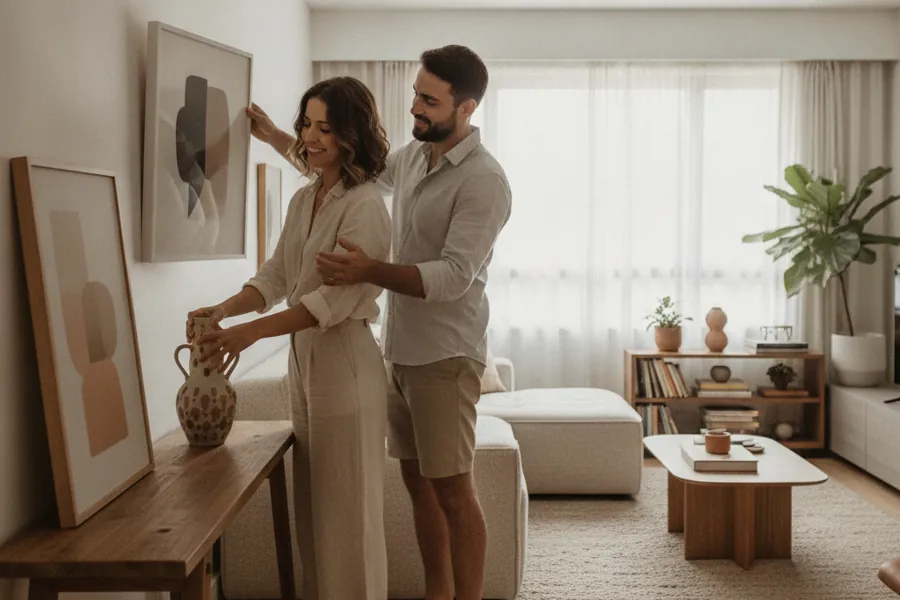 Casal jovem sem filhos arrumando um apartamento pequeno e estiloso