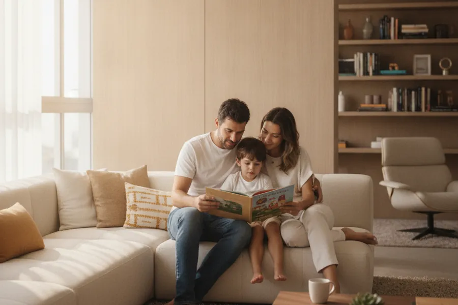 Casal lendo um livro com o filho único em apartamento aconchegante
