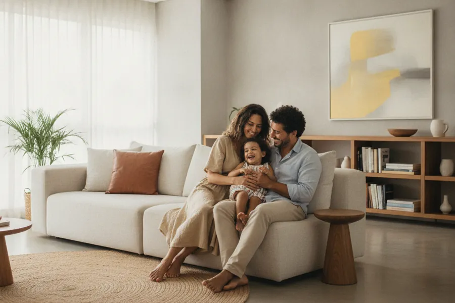 Casal com um filho pequeno sorrindo no sofá de apartamento iluminado