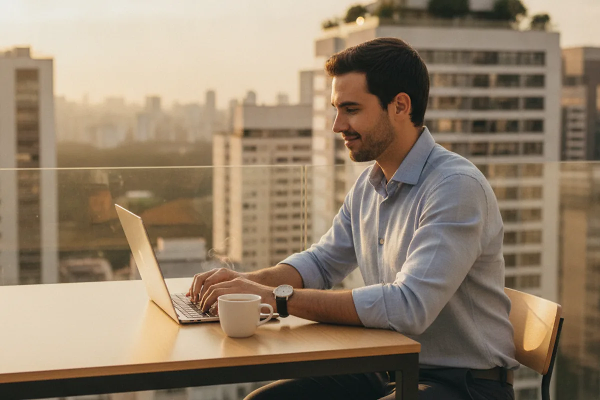 Jovem profissional no notebook em varanda com vista da cidade ao entardecer