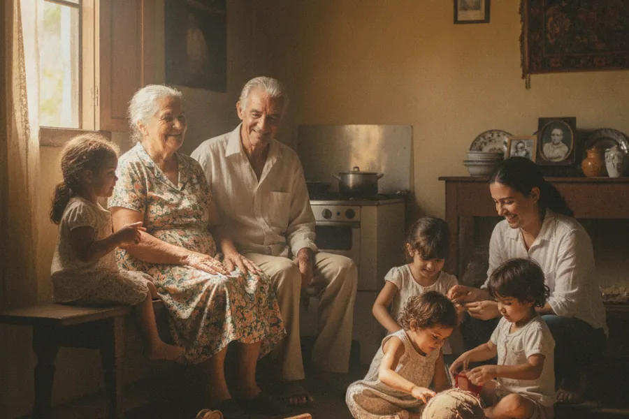 Cena nostálgica de avós com vários filhos e netos em casa tradicional