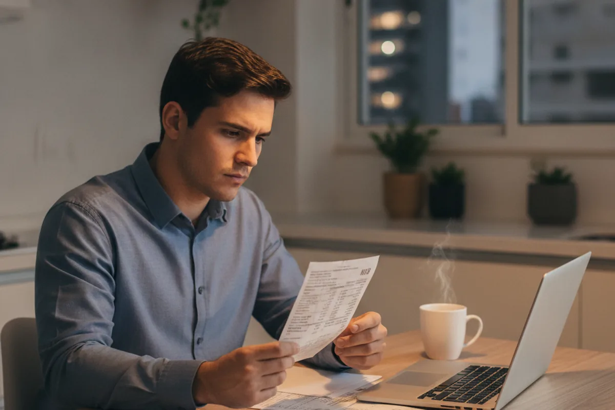 Jovem revisando contas e extrato bancário à noite com calculadora