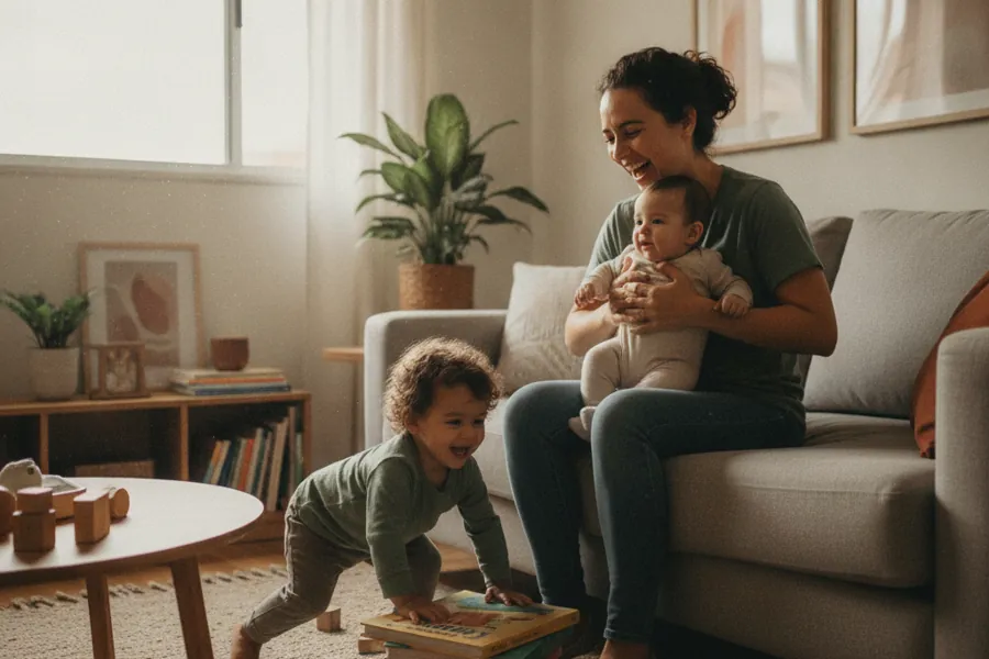 Pai ou mãe cuidando de dois filhos pequenos em apartamento durante o dia