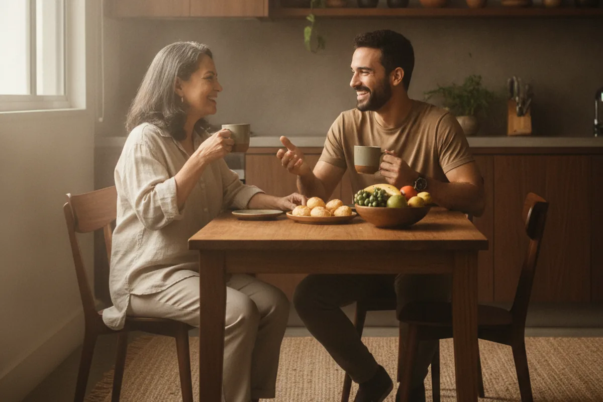 Mãe e filho adulto tomando café juntos na cozinha de casa
