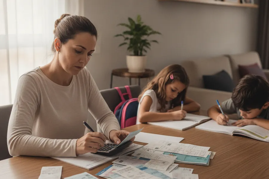 Pai revisando contas na mesa enquanto dois filhos fazem lição