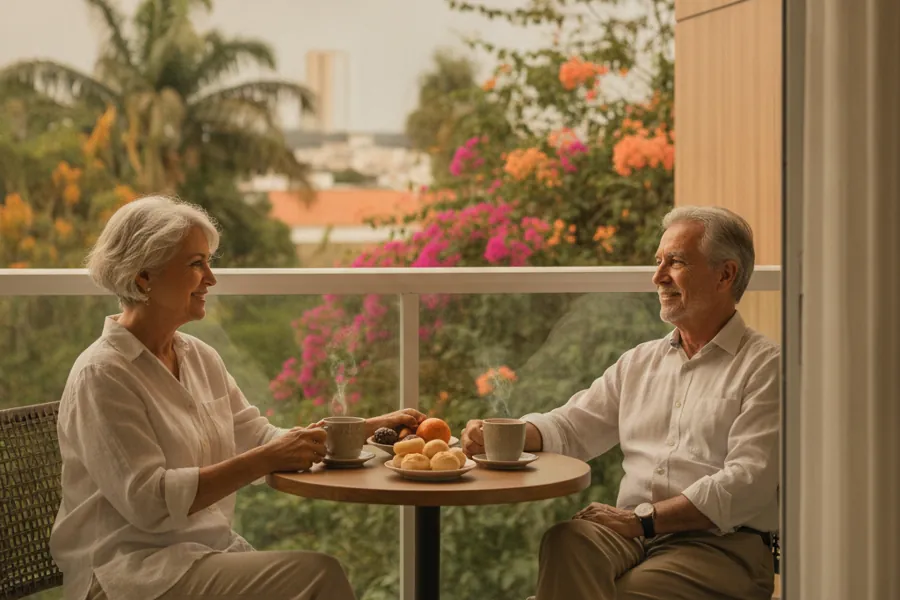 Casal aposentado tomando café na varanda de apartamento menor com vista