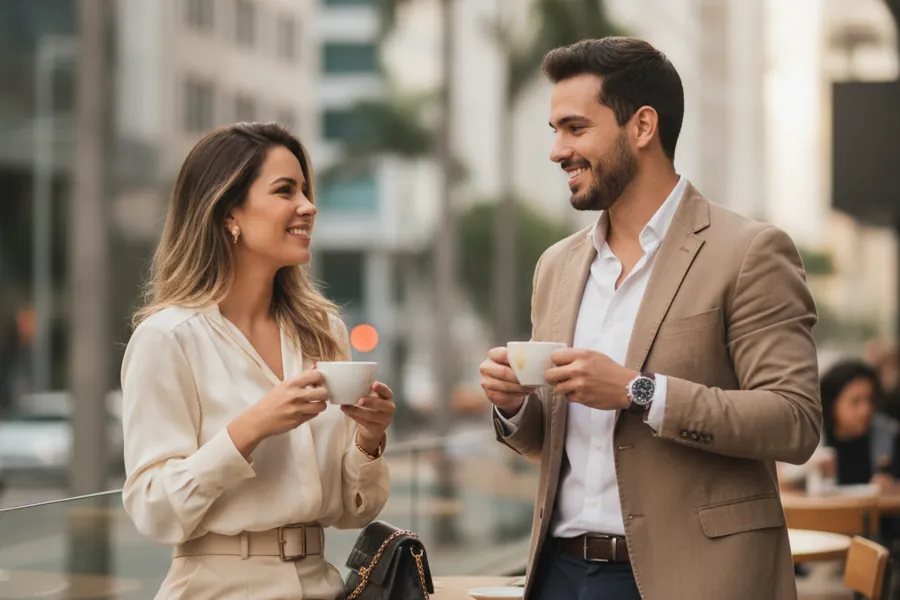 Casal jovem bem vestido tomando café em terraço de cafeteria urbana